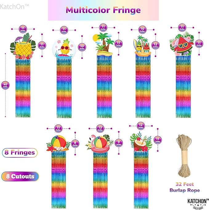KatchOn, Colorful Tropical Fringe Hanging Decorations - Pack of 8 | Rainbow Streamers for Luau, Hawaiian, Topical Party Decorations | Summer Photo Booth Backdrop for Pool, Summer Party Decoration