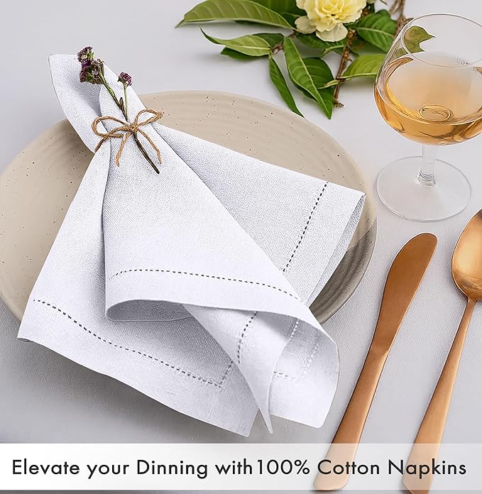 Ruvanti Cloth Napkins - 100% Cotton Dinner Napkins, Hem Stitched Corners, 18x18 Inch, 12 Pack - Soft, Absorbent, Durable, Reusable, Wrinkle Resistant for Formal Dining & Everyday Use - White