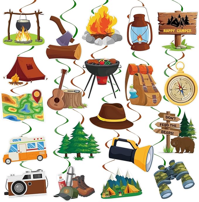 40Pcs Camping Hanging Swirl Decorations, Happy Camper Party Hanging Swirls Camping Adventure Bears Tent Telescope Sign Foil Swirls Ceiling Decorations for Camping Birthday Baby Shower Party Decor