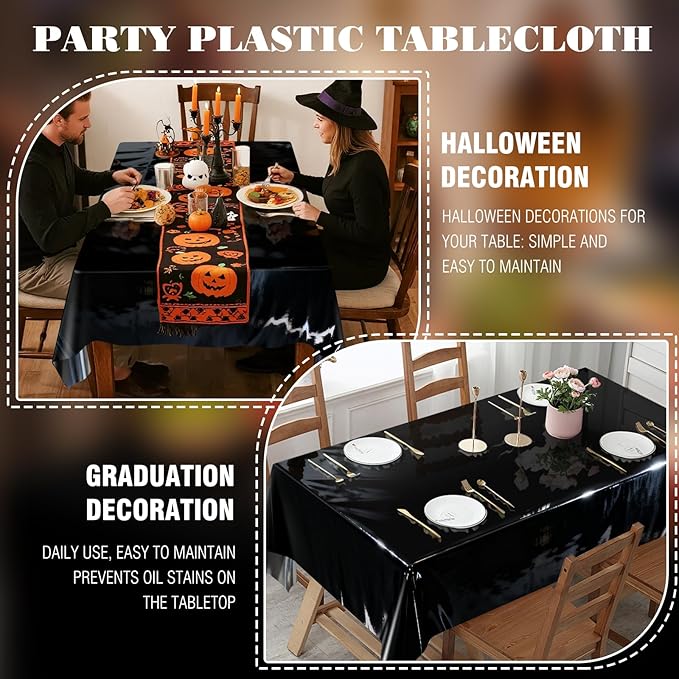 mwellewm 3Pcs Black Tablecloth 54 * 72 inch Plastic Shiny Disco Table Cloth Disposable Foil Table Cover for Birthday Halloween Decorations Wedding Christmas Anniversary Dinner Grad Party Supplies