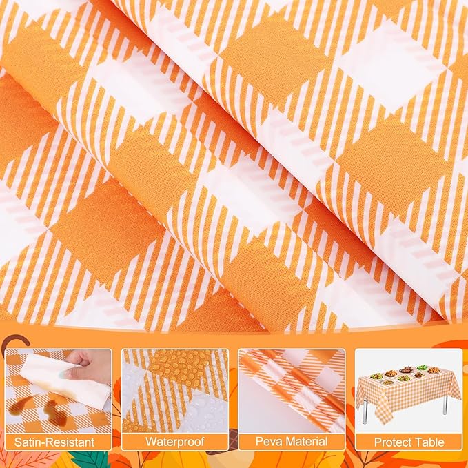 6 Pack Fall Orange Gingham Tablecloth, 54 X 108Inch Plastic Orange Checkered Table Cloth Disposable Scalloped Tablecloths Waterproof Plaid Table Cover for Autumn Harvest Picnic Wedding Birthday Party