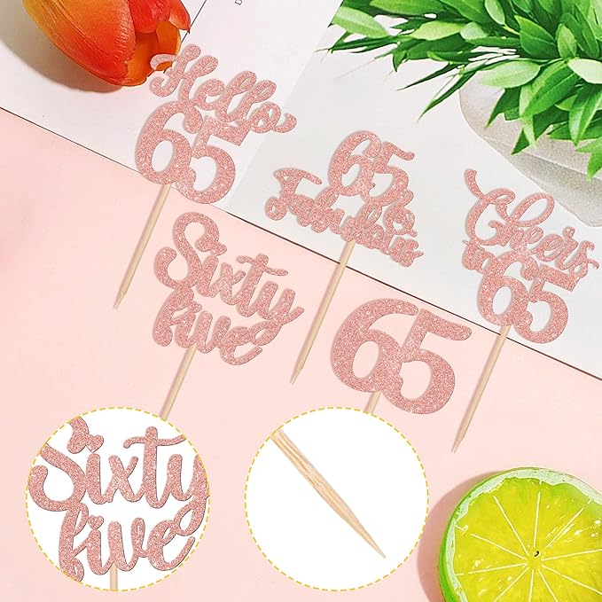 30PCS Happy 65th Birthday Cupcake Toppers Glitter Hello 65 Fabulous Sixty Five Cheers to 65 Years Old Birthday Cupcake Picks for Happy 65th Birthday Anniversary Party Cake Decor Supplies Rose Gold