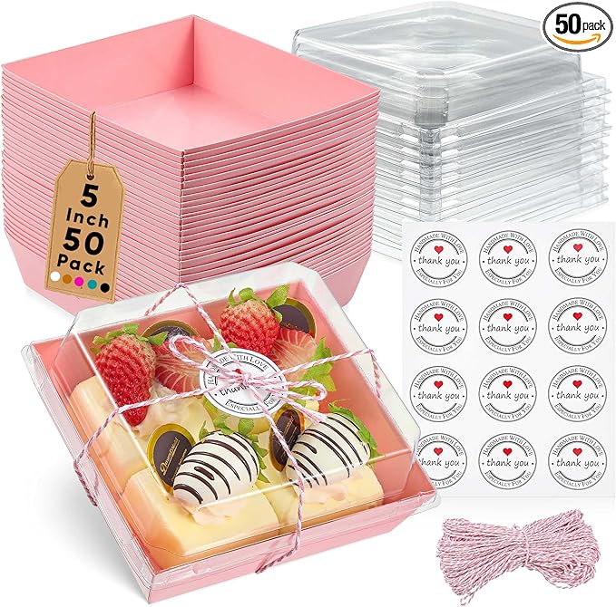 50 Pack Small Clear Treat Boxes - Dessert Boxes To Go - 5Inch Disposable Paper Mini Containers for Cookie, Cake Slice, Charcuterie, Bakery, Pastry, Strawberry, Baked Goods Packaging (Pink)