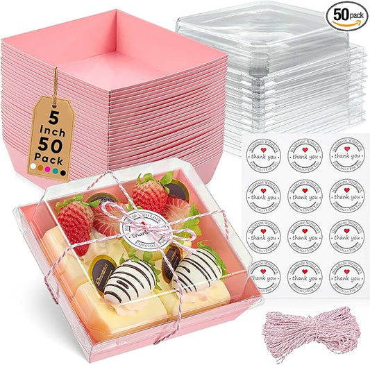 50 Pack Small Clear Treat Boxes - Dessert Boxes To Go - 5Inch Disposable Paper Mini Containers for Cookie, Cake Slice, Charcuterie, Bakery, Pastry, Strawberry, Baked Goods Packaging (Pink)