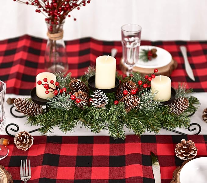 DearHouse Christmas Candle Holder Centerpiece,Pine Cones and Red Berry Table Centerpiece with 3 Candle Holders Table Accent Centerpiece for Festival Home Decoration 20"x10"x6.1"(L x W x H)