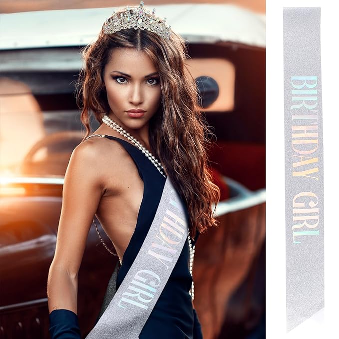 Velscrun AB Silver Crystal Birthday Tiara Crowns for Women Girls Princess Crown with Combs Birthday Girl Headband Sash Happy Birth Party Decorations Birth Gift Cake Topper Hair Accessories