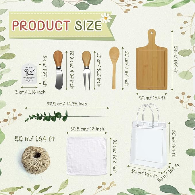 AZEAM 55Pcs Baby Shower Prizes for Game Winners, Bridal Shower Prizes with 6 Sets Square Cheese Board Spoon Fork Butter Knife Towel Card Plastic Bag Branch, Wedding Shower Favors for Guests