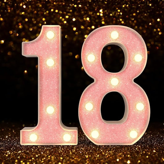 Marquee Light up Numbers 0-9, Battery Powered LED Light, Pink Glitter Plastic for 18th Birthday Decorations, Graduation Engagement Wedding Decor (Number 18)