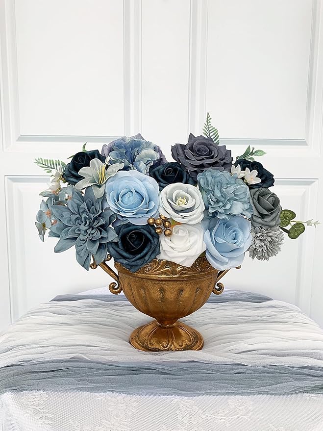 Roses Artificial Flowers Blue Fake Flower Bulk for DIY Wedding Bouquet Bridal Baby Shower Centerpiece Table Decorations Silk Faux Floral Arrangements for Party Home Decor Cake Decorating