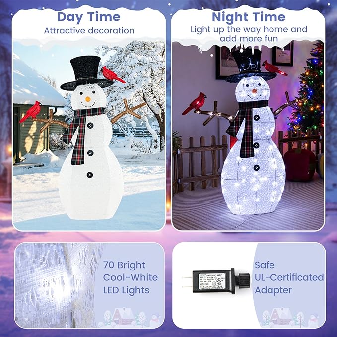 Tangkula 4.2 FT Lighted Christmas Snowman with Redbirds, Pre-Lit Snowman Ornament Christmas Decoration with Cold White LED Lights, Stakes, Outside Xmas Yard Decor, Xmas Indoor Outdoor Holiday Decor