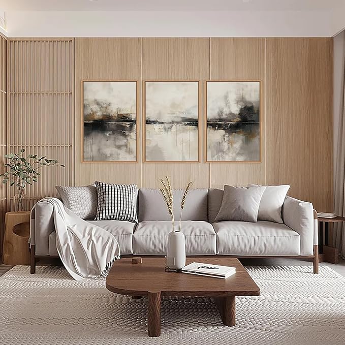 HOURIA Large Neutral Black Brown Framed Canvas Wall Art Set,Abstract Gray Wall Decor,Minimalist Beige Wall Painting,Modern Illustrations Tan Art Print for Living Room, Bedroom, Office- 16"x24"x3