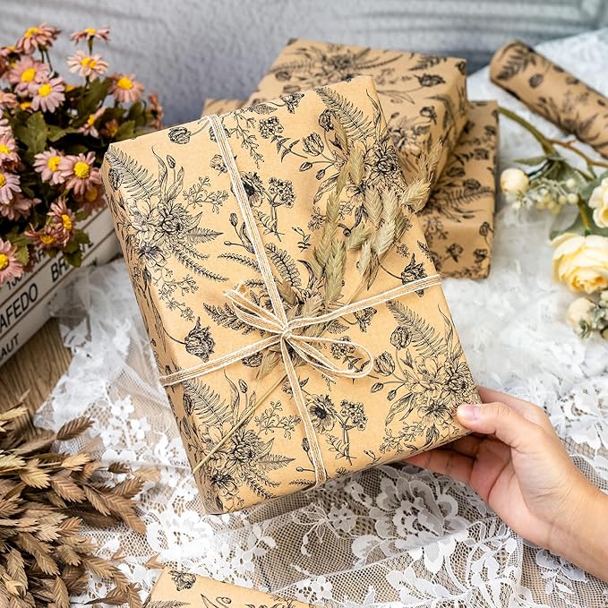 Yarcony Kraft Floral Wrapping Paper, Wildflower Wrapping Paper, Vintage Gothic Boho Black Floral Gift Wrap for Birthday, Bridal Shower, Wedding, Mother's Day, Graduation, Christmas (17 In X 33 Ft)