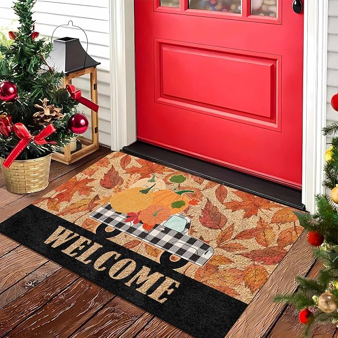 Fall Welcome Maple Leafs Decorative Door Mat, Autumn Thanksgiving Doormat for Indoor Outdoor Entrance Floor Mats,Fall Pumpkins Non Slip Harvest Vintage Decor Rubber Welcome Mats 16" x 24" Inch