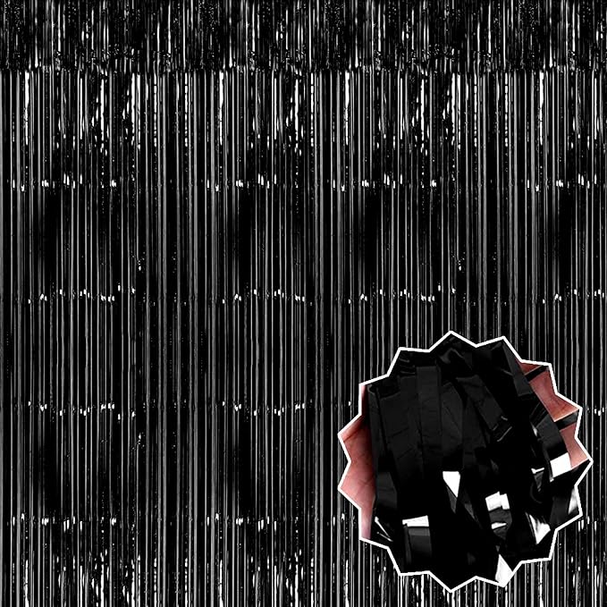 3 Pack Black Foil Fringe Curtains Backdrop, 3.28 x 6.6 Ft Metallic Streamers Tinsel Curtains Background for Photo Booth, Birthday, Halloween, Christmas, Thanksgiving, New Year Party Decorations