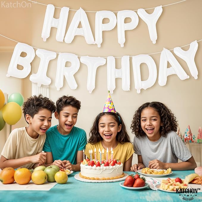 KatchOn, White Happy Birthday Balloons Banner - 16 Inch | Foil Balloon Banner for Happy Birthday Decorations | Balloon Letters Sign For White Birthday Party decor