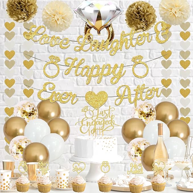 Vlipoeasn Champagne Gold Engagement Party Decorations, Just Engaged Supplies for Couple Includes 12" Gold & White Latex Balloons, Diamond Ring Foil Balloon, Cake Toppers, Paper Pompom
