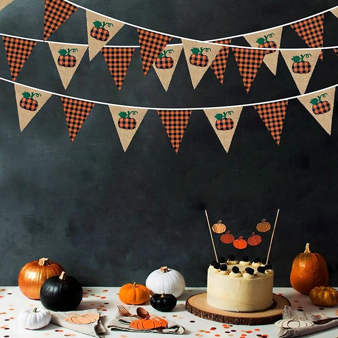24Ft Burlap Banner - Fall Pumpkin Plaid Pennant Triangle Flag Garland Streamers - Fireplace Decor for Thanksgiving Day, Rustic Autumn Birthday Parties