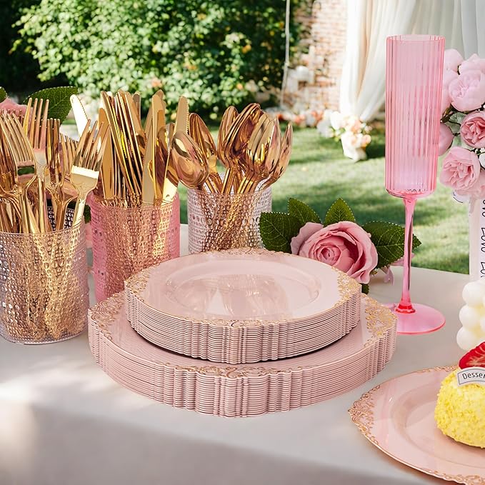 125PCS Pink and Gold Plastic Plates - Pink Disposable Plates - Vintage Plate with Gold Plastic Silverware Set for 25 Guests for Weddings Parties