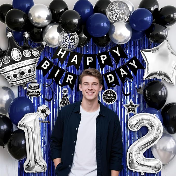 12th Birthday Decorations for Boys and Girls, Black Blue Silver Happy Birthday Number 12 Balloons, Banner, Fringe Curtains Garland Kit - 12 Year Old Party Supplies
