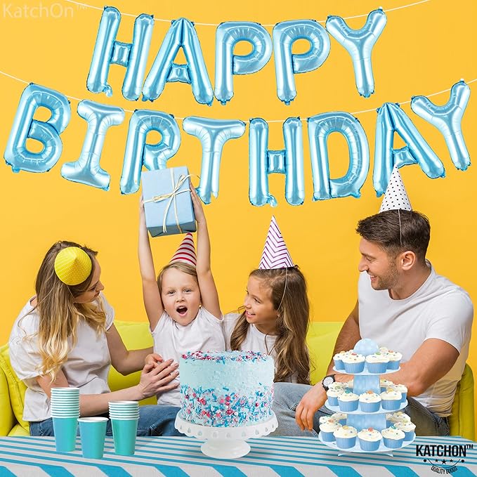 KatchOn, Light Blue Happy Birthday Balloon Banner - 16 Inch | Happy Birthday Sign | Birthday Decoration For Boys, Girls, Women and Men | Ocean Theme Birthday Decorations