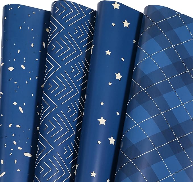 Wrapping Paper Flat 8 Sheets for Birthday, Holiday, Father'S Day, Weddings, Graduations, Navy Printed with Geometric Patterns, Checks, Stars, Spots 20 X 29 Inches Each