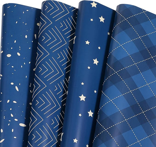 Wrapping Paper Flat 8 Sheets for Birthday, Holiday, Father'S Day, Weddings, Graduations, Navy Printed with Geometric Patterns, Checks, Stars, Spots 20 X 29 Inches Each