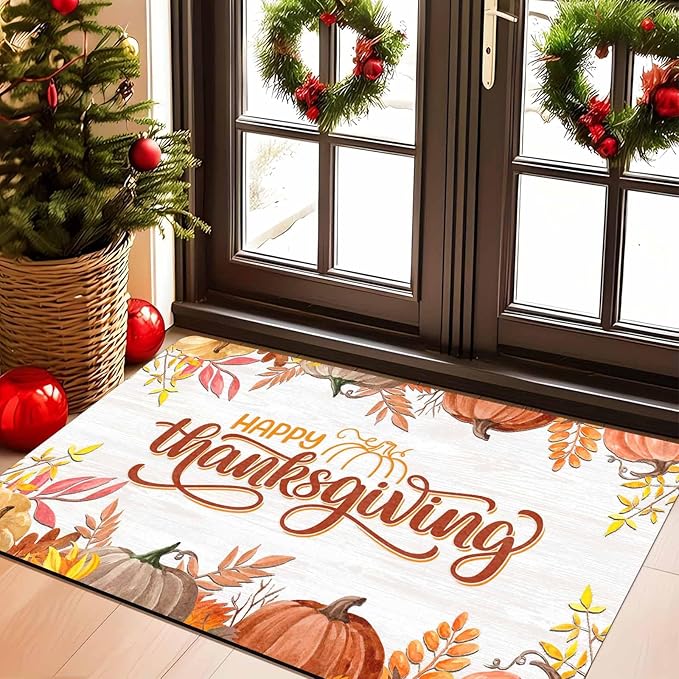 Fall Welcome Maple Leafs Decorative Door Mat, Autumn Thanksgiving Doormat for Indoor Outdoor Entrance Floor Mats,Fall Pumpkins Non Slip Harvest Vintage Decor Rubber Welcome Mats 16" x 24" Inch