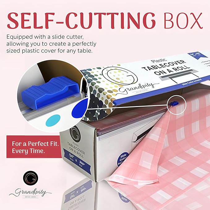 Grandipity Plastic Tablecloth Roll - 54in x 300 Ft. Pink Gingham Plastic Table Cloths for Parties Disposable with Cutter Box - Cut to Size Disposable Tablecloth Table Cover for Rectangle & Round