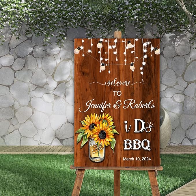 I Do BBQ Couples Shower Welcome Sign - Sunflowers Faux Wood Decoration for Barbeque