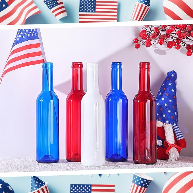 Rtteri 24 Pcs Decorative Colored Wine Bottles 375ml Empty Glass Bottles for Flowers Wedding Decor Centerpiece Christmas Party Favor DIY Crafts (Red,Blue,White)