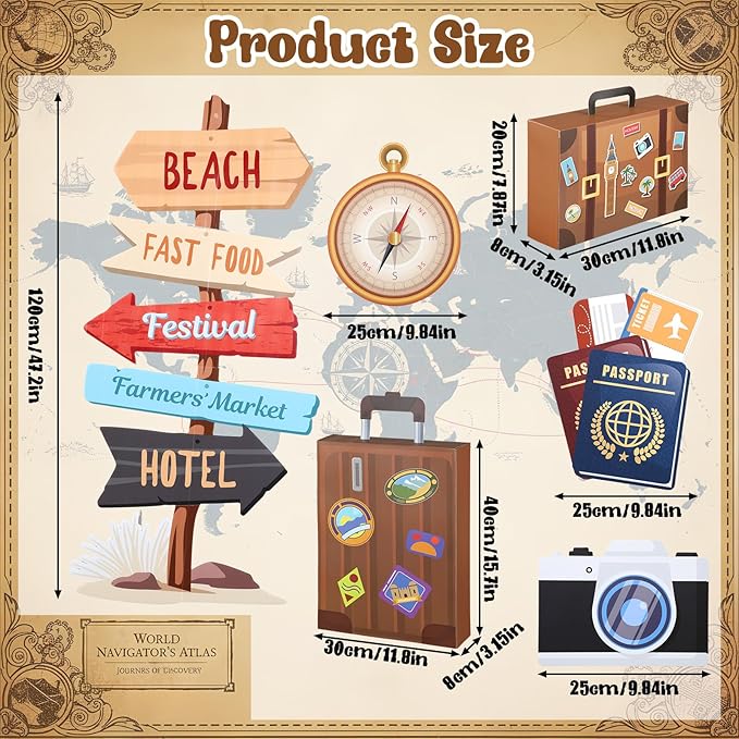 Tenceur 6 Pieces Travel Party Decorations Sets Adventure Signs 47.2 Inch Road Stand Cutouts Travel Around The World Suitcase Box Compass Passport Camera Sign for Photo Booth Props Party Supplies