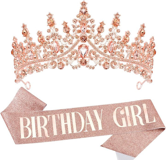 VELSCRUN Birthday Tiara Crowns for Women Girls Crystal Birthday Girl Headband Sash Elegant Princess Crown Happy Birth Party Decorations Women Sisters Birth Gift Hair Accessories