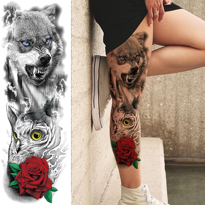 Color Animal Temporary Tattoo Sleeve for Women Leg, 4-Sheet Full Arm Realistic Tiger Dragon Bear Fake Tattoo Sleeve Adult Girl and 4-Sheet Large Colorful Half Temp Tatoo Sticker Thigh Makeup Body Art