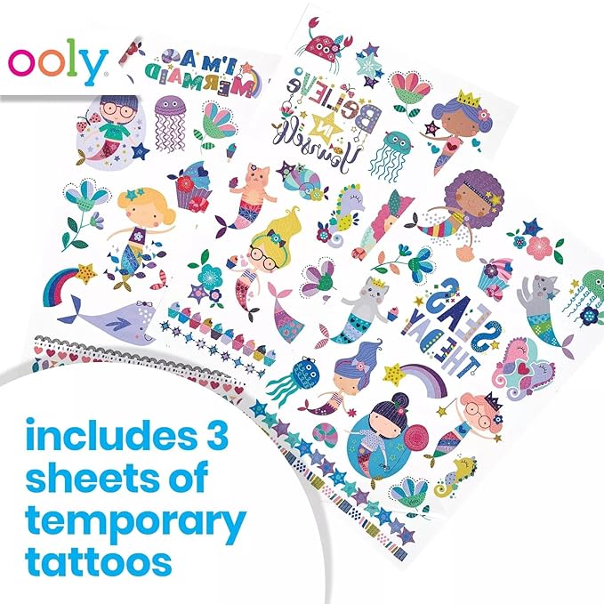 Ooly 50 Temporary Tattoos For Kids, Safe & Non-Toxic Temporary Tattoo, Party Favors Gifts for Kids, Great Goodie Bag Stuffers & Fun Birthday Decorations - Mermaid Magic