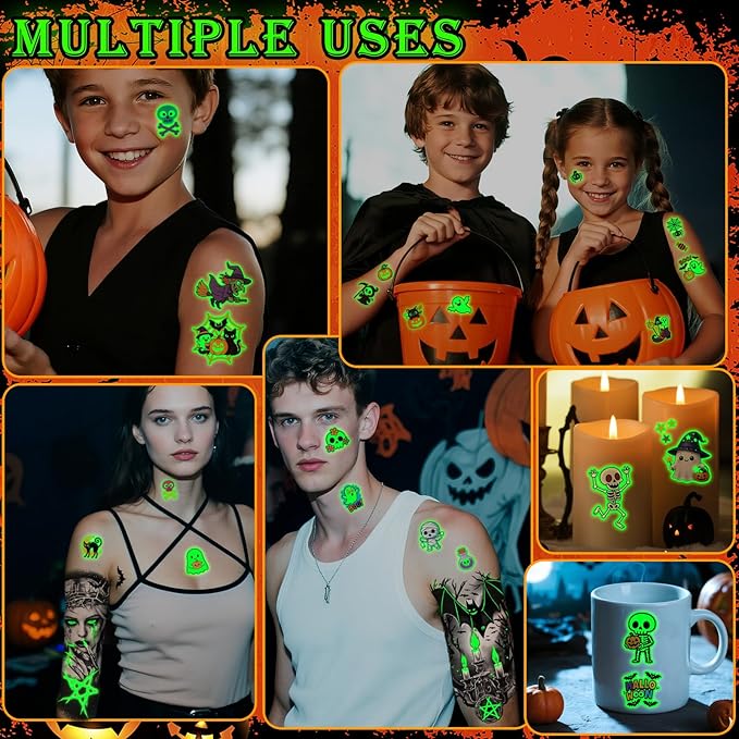 Halloween Glow Temporary Tattoos for Kids Adults, Glow In the Dark Tattoos, Pumpkin, Skull, Bat, Ghost, Witch, Crow, Cat, Horror House Half Arm Halloween Fake Tattoos Decorations