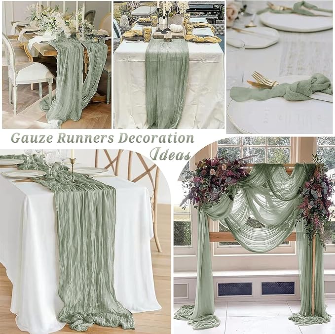 12 Pack Cheesecloth Table Runner, 35 x120 Inch Boho Gauze Sage Green Table Runner 10ft Rustic Sheer Long Cheese Cloth Runners for Christmas Wedding Party Baby Shower Table Decor