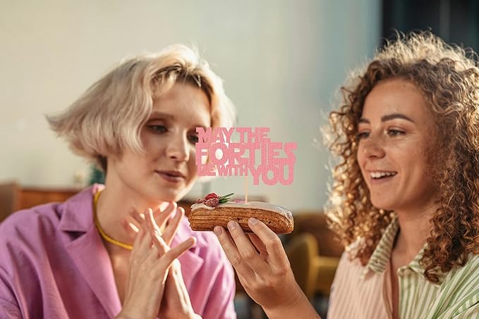 May The Forties Be With You Cake Topper - Glitter Pink 40th Birthday Cake Decorations, 40th Wedding Anniversary Cake Pick (Pink)