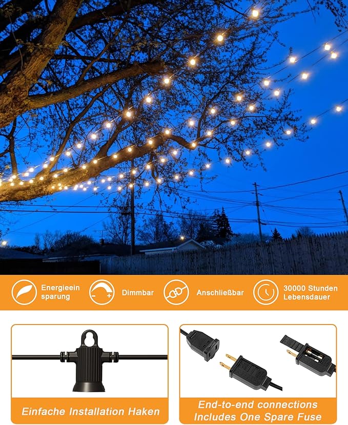 Outdoor String Lights Waterproof, 100FT LED Patio Lights with 53 Shatterproof G40 Globe Bulb(3 Spare), Connectable Dimmable Outside Hanging Lights for Backyard Porch Balcony Gazebo (2x50FT)