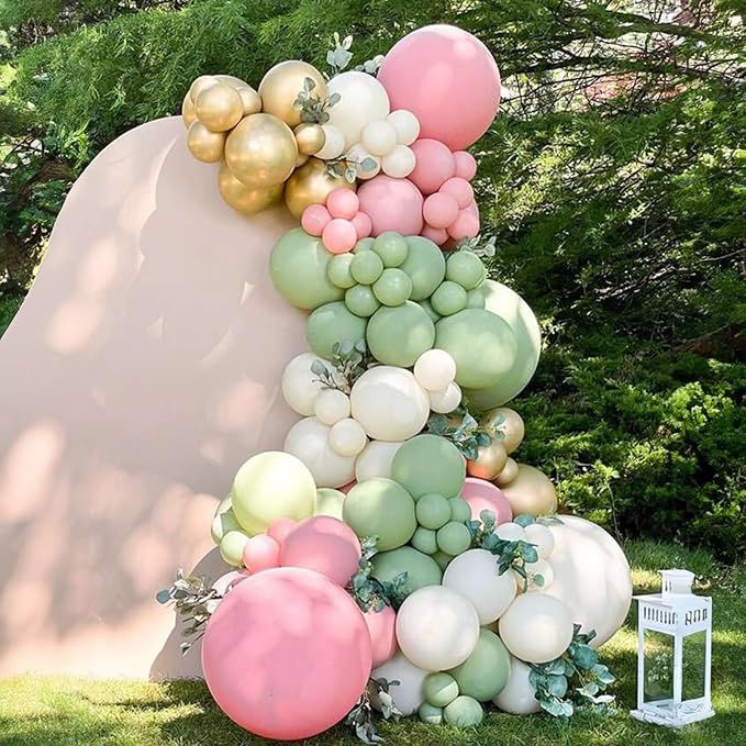 Togvu Sage Green Pink Balloon, 60 Packs 12 Inch Olive Green Pink Balloon with Sand White Metallic Gold Balloons for Girls Baby Shower Birthday Jungle Safari Woodland Party Decorations