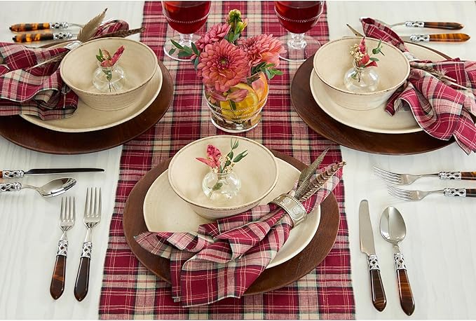 Solino Home Linen Table Runner 108 Inches Long - 100% Pure Linen Burgundy Tartan Plaid Table Runner 14 x 108 Inch for Dining, Fall, Christmas, Xmas