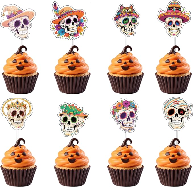 48PCS Halloween Skull Cup Cake Topper, 8 Design Paper Cake Gillter for Horror Theme Party,Birthday Bupcake Topper for Halloween Party Decoration