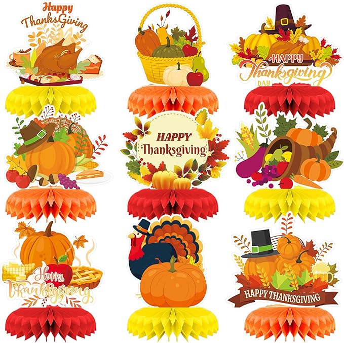 9Pcs Thanksgiving Centerpiece Fall Centerpiece Table Decorations Pumpkin Turkey Honeycomb Thanksgiving Table Centerpiece for Thanksgiving Table Decoration Autumn Theme Birthday Party Supplies
