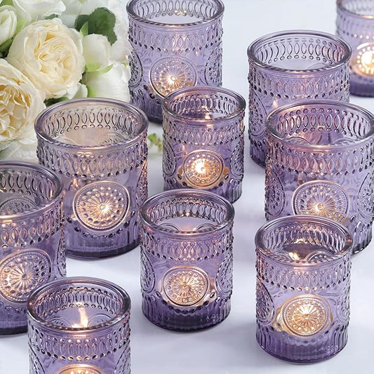Volens 20pcs Assorted Purple Votive Candle Holders Bulk, Large Glass Votive & Tea Light Candle Holder for Wedding Table Centerpieces, Purple Party Decorations, and Home Decor