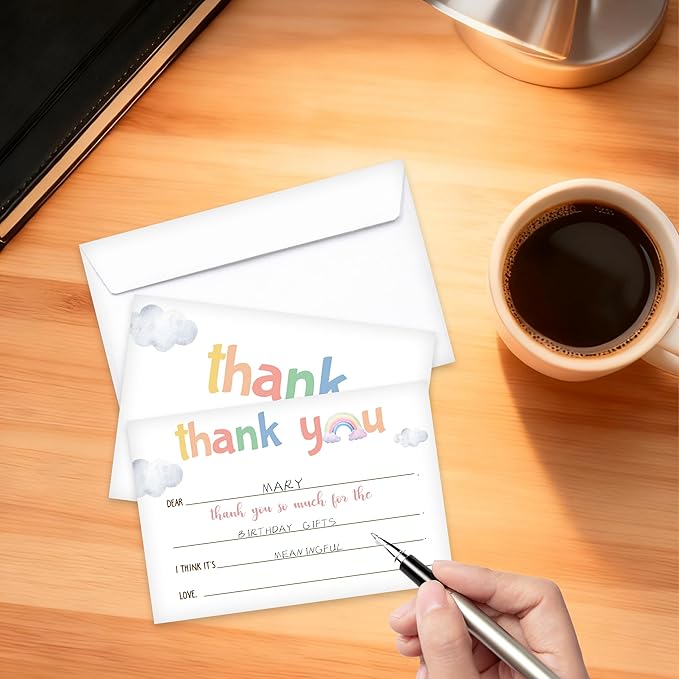 Kids Thank You Card, Rainbow Theme Thank You Notes, Watercolor Cloud Greeting Card With Envelope, Birthday Wedding Graduation Christmas Party Favors Supplies Decor(20 Pcs)-04