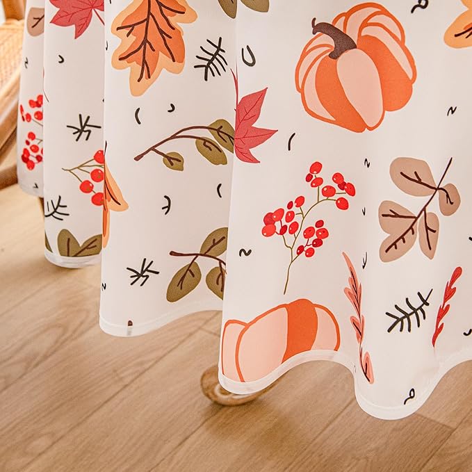 Thanksgiving Waterproof Tablecloth – Fall Harvest Pumpkins, Maple Leaves & Berries Print – Autumn Rectangle Table Cover for Dining or Party, White, 60" Round