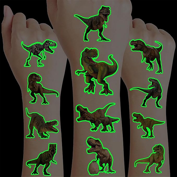 96 PCS T Rex Dinosaur Pre-Cut Temporary Tattoos Birthday Party Decorations Favors Supplies Decor 3D Tyrannosaurus Rex Dino Trex Cute Stickers Boys Girls Gift School Prizes Rewards (Luminous)