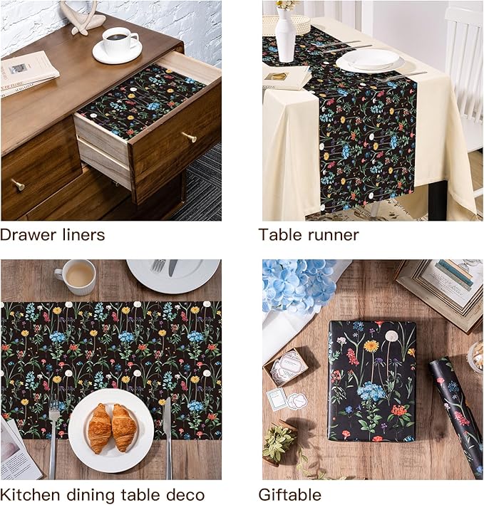 WRAPAHOLIC Kraft Wildflower Wrapping Paper - Mini Roll - 17 Inch x 16.5 Feet - Black Floral Wrapping Paper for Wedding, Birthday, Wedding, Bridal Shower, Drawer Liners, Tea Party