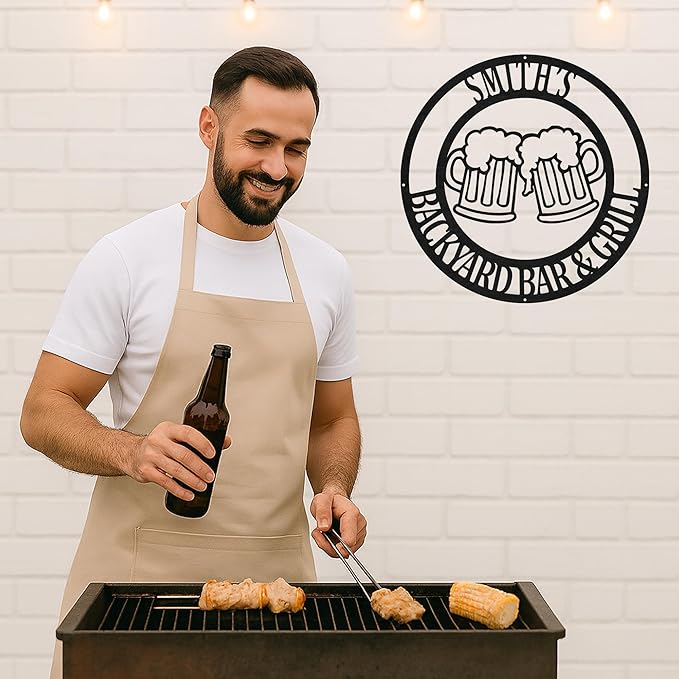 Custom BBQ Metal Sign Personalized Grill Name Wall Art for Outdoor Kitchen Patio Backyard Decor Fathers Gift for Dad Grandpa Husband Barbecue Smoker Area Sign, Grilling Lover Gifts 03