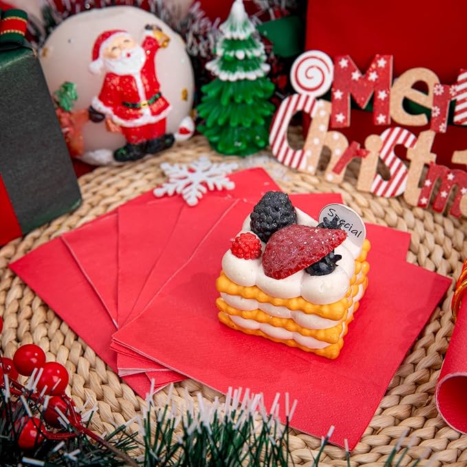 FLOWERCAT 100-Count 2-Ply Christmas Napkins & Red Cocktail Napkins - Napkins Disposable Premium Quality - 5" x 5" Red Paper Napkins for New Year Party & Christmas,Bar,Weddings,Birthday