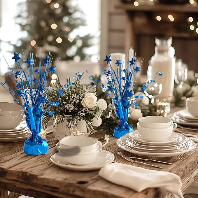 12 Pack Metallic Blue Foil Spray Centerpieces Stars Brust Table Centerpieces for Wedding Birthday Anniversary Holiday Party Decor, Metallic Star Balloon Wights for Party, Table Decor for Party